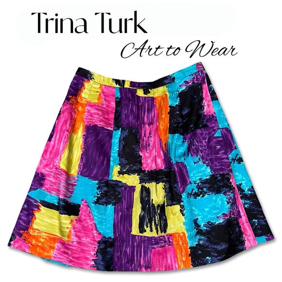 Trina Turk Silk Midi Skirt Womens 4 Colorful Art to Wear Statement Luxury Bright - Picture 1 of 10